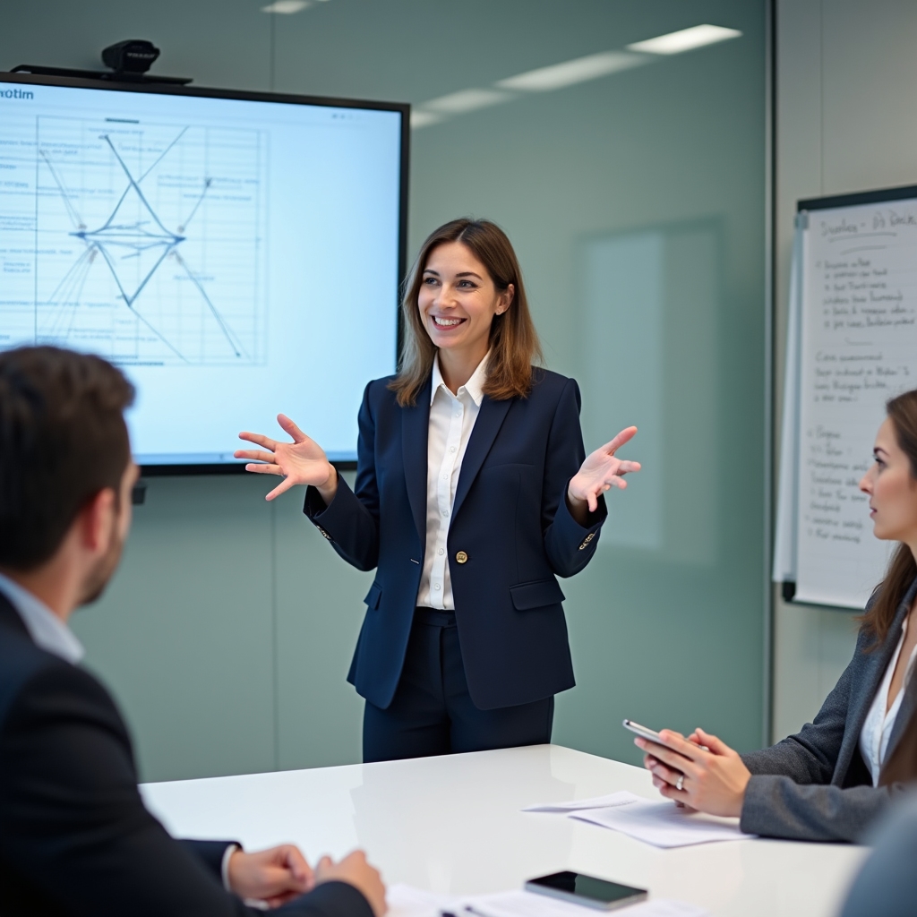 Profesionist prezentând cu încredere într-o sală de ședință modernă